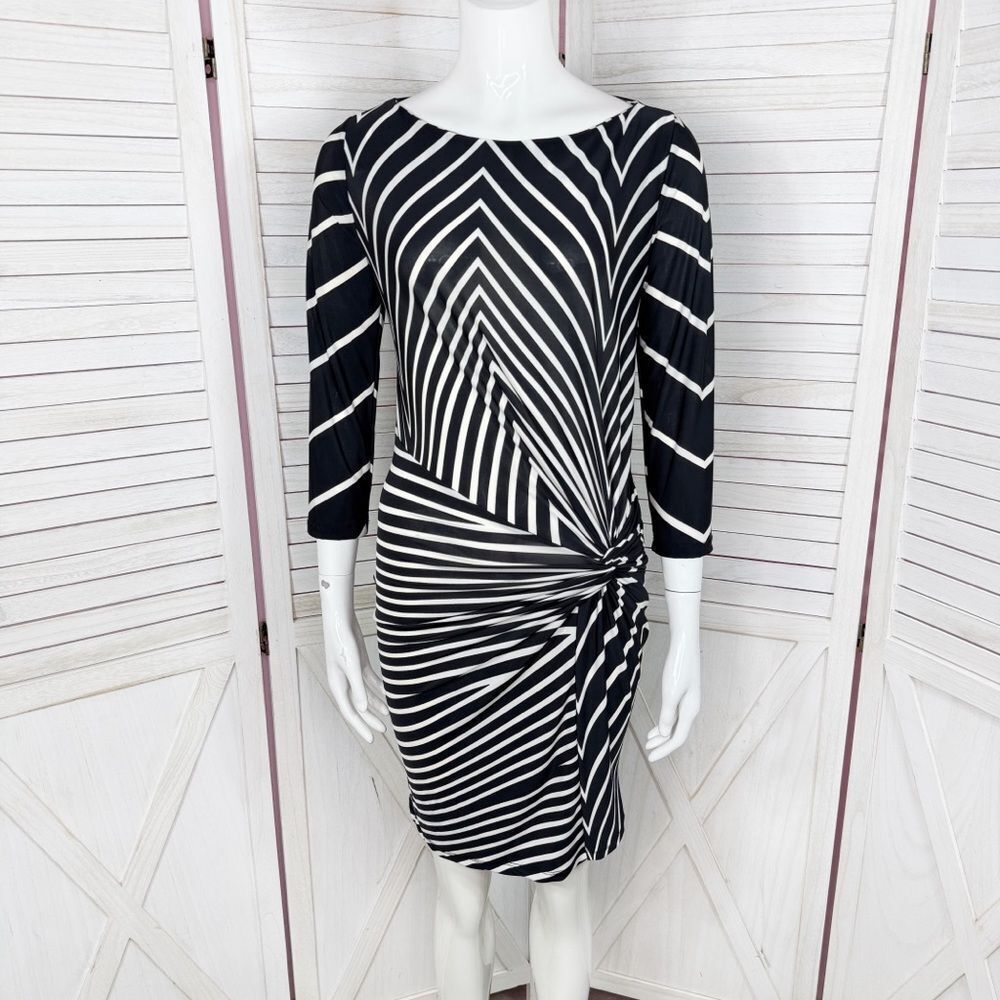 Rinascimento Abstract Stripes Knotted Waist Sheath Dress Black White Small